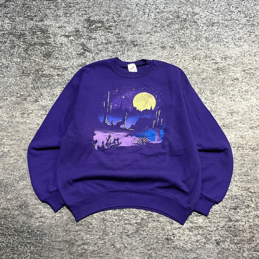 Vintage 90s Wolf Desert Moon Crewneck Sweatshirt Mens Large Purple Jerzees‎ USA